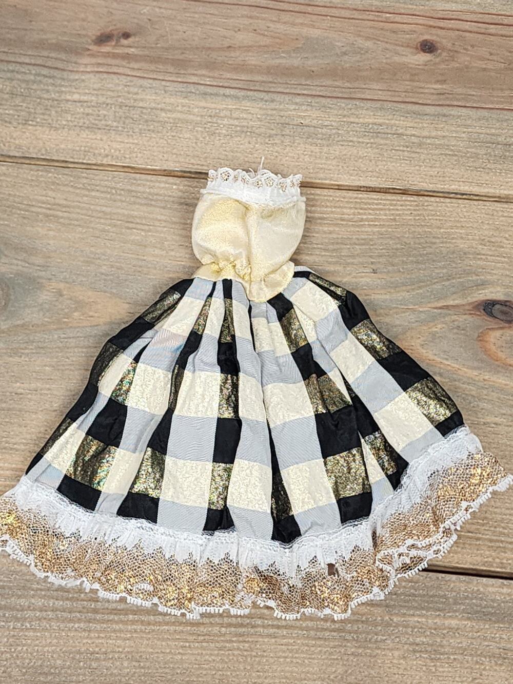 Barbie Gown Buffalo Plaid Black White Gold Lace Trim